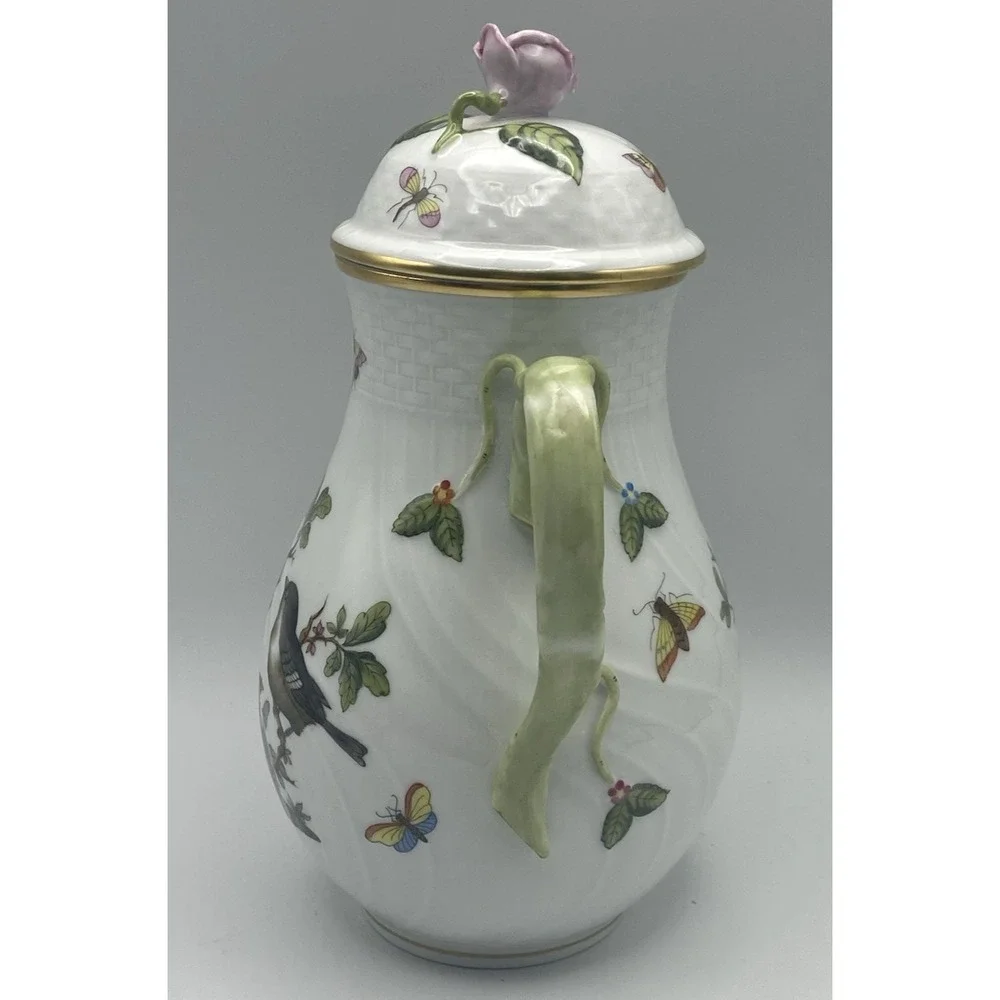 Herend Rothschild Bird Coffee Pot 6‎ 5/8 in Pink Rose Lid Butterflies Necklace